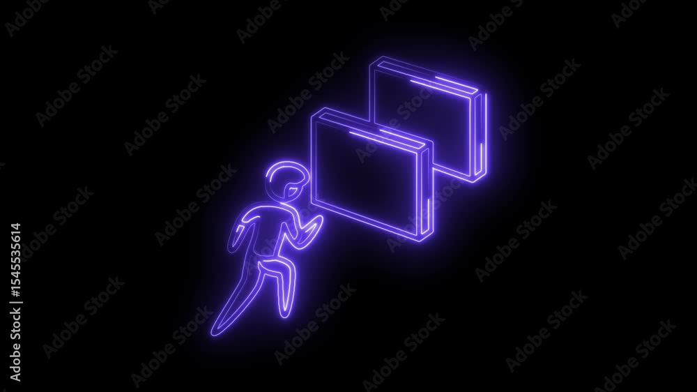 Poster neon man leaping through data windows cybersecurity concept abstract digital animation