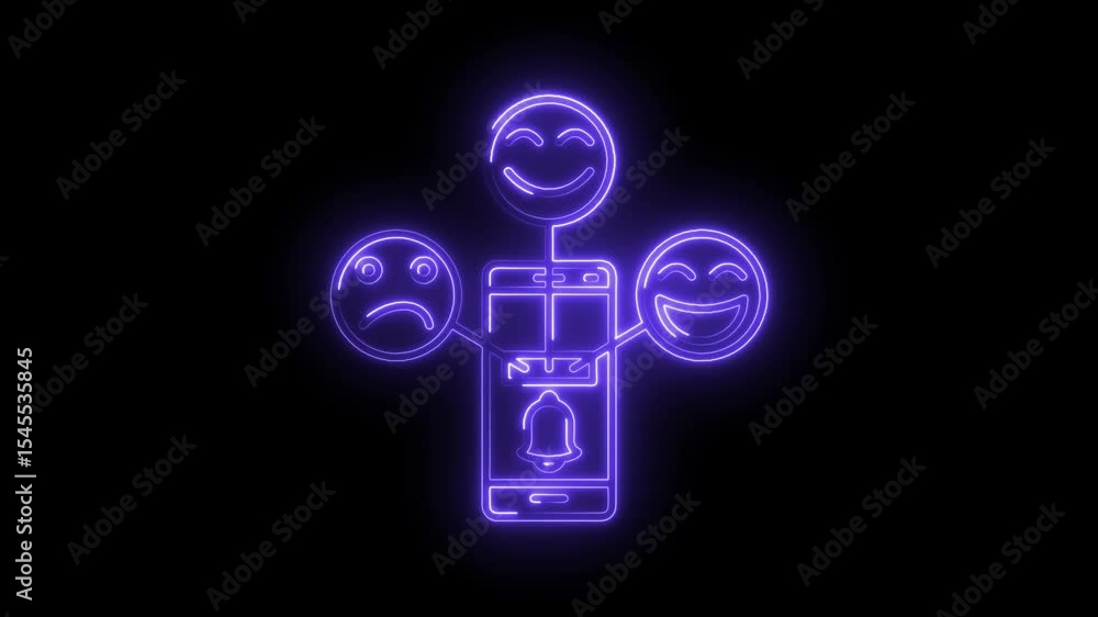 Poster neon smartphone with emoji feedback displaying user experience and sentiment on a black background