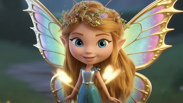 Animated Fairy with Iridescent Wings in Green Garden Setting 3D Rendered Elf Character in Idle Pose Front View on Isolated Background Ideal For Vfx and Game Assets