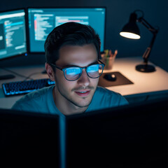 Hombre joven trabajando frente a pantallas en oficina tecnológica nocturna