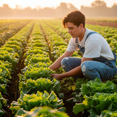 Agricultor trabajando al amanecer en campo de lechugas