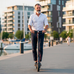 Hombre en scooter eléctrico en ciudad moderna