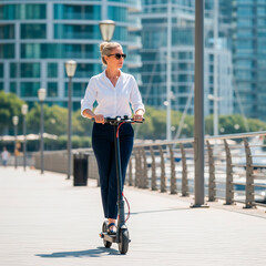 Mujer en scooter eléctrico en ciudad moderna