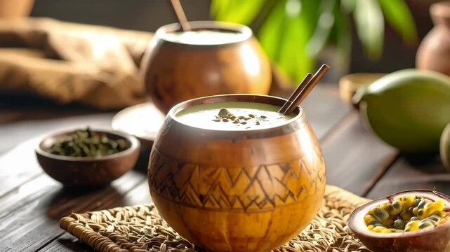 Close-up of herbal tea in wooden cups with carved detailing and fresh exotic fruits on a textured woven mat, showcasing traditional drinks.