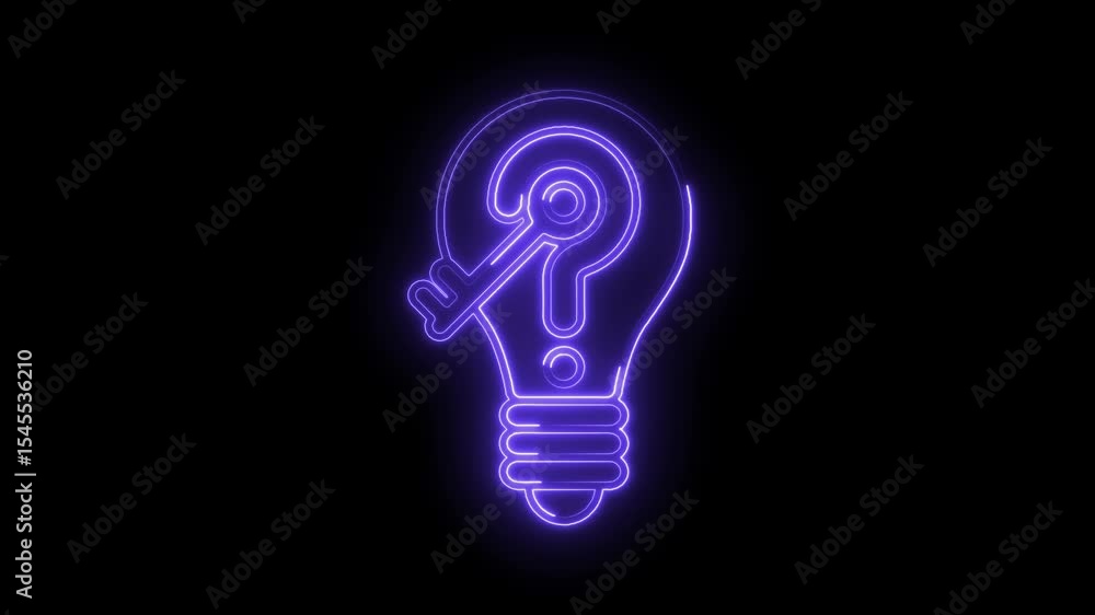 Poster neon question mark inside a light bulb with a key animation on black background