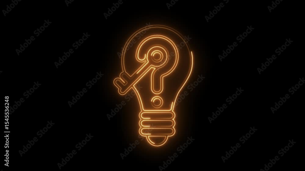 Poster animated glowing light bulb with key unlocking question mark on a black background