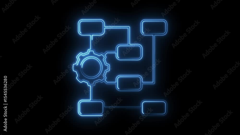 Poster neon workflow chart animation with glowing gear on dark background visualization