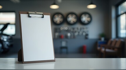 Empty clipboard stands in a car service center, designed for text placement related to vehicle maintenance services. Mock up, template for text, blank sheet for car service