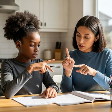 Sign Language Interpreter Helping Girl With Homework at Home During Inclusive Education Tutoring Session