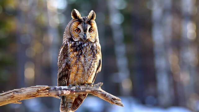 Captivating long eared owl perched gracefully on a branch in winter forest setting