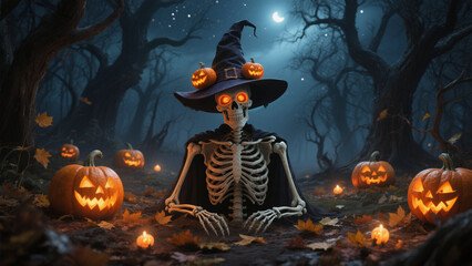 A hauntingly Halloween scene featuring a skeletal figure wearing a tall, pointed witch's hat adorned with glowing jack-o'-lanterns. Halloween, Halloween Costumes, Halloween Background, Happy Halloween