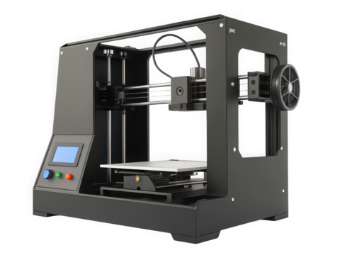 Modern black 3D printer isolated on black background, ready to print