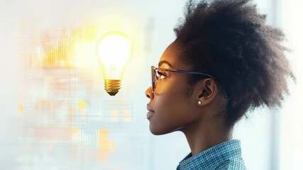 Focused African American woman looking at a glowing light bulb, symbolizing innovation and ideas in a bright, modern office setting - Powered by Adobe