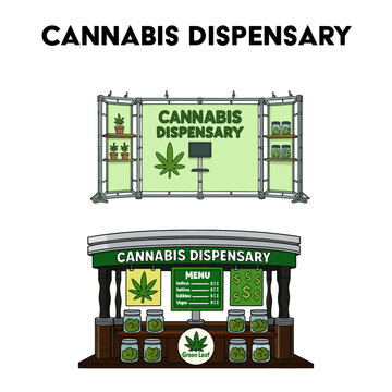 Cartoon Cannabis Dispensary Shopfront and Interior Display Illustration
