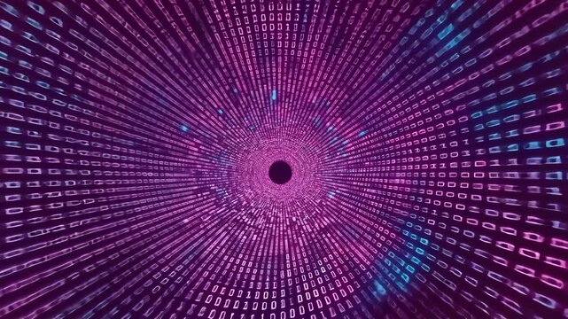 Futuristic technology concept of binary code tunnel, digital data stream, pink and blue lights, abstract illustration.