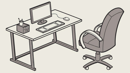 Illustration of a desk with computer keyboard mouse and chair in a minimalist style drawing art