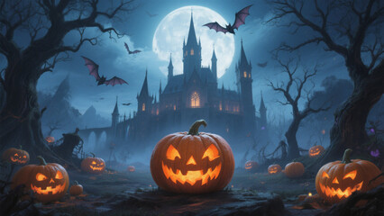 A hauntingly enchanting Halloween scene featuring a carved pumpkin with glowing orange eyes and a mischievous grin. Halloween, Halloween Costumes, Halloween Background, Happy Halloween