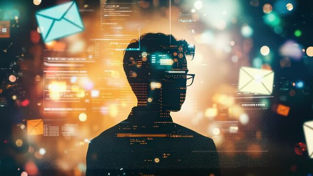 Silhouette of a person with digital interface overlay and floating email icons, representing data and communication in a modern, abstract style. - Powered by Adobe