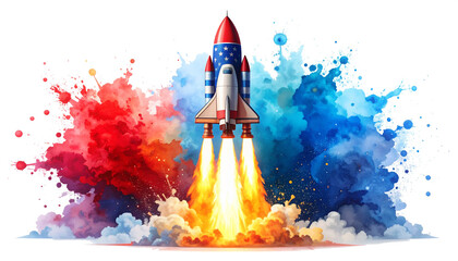 Rocket Launch: A vibrant, patriotic rocket blasts off against a dynamic backdrop of colorful watercolor splashes, symbolizing innovation, progress, and bold ambition.
