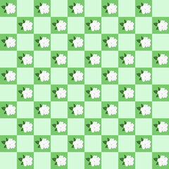 This image features a lively, colorful flower-themed pattern arranged in a checkerboard layout.