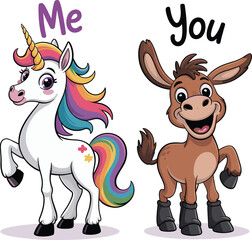 Playful Unicorn and Donkey Cartoon Characters Labeled 