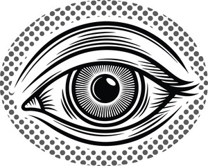 Intricate engraved eye illustration within dotted circle representing vision and symbolic awareness.