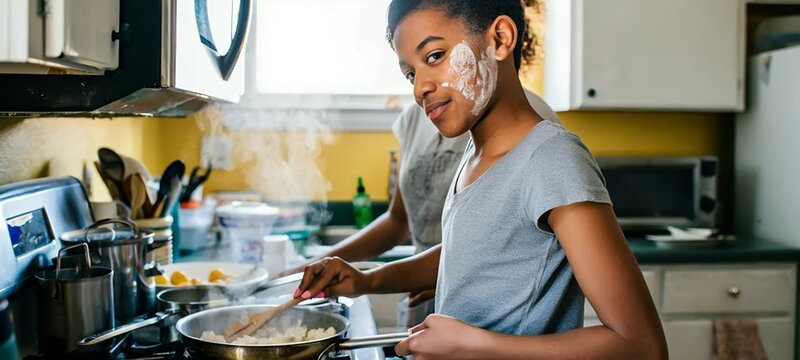 Realistic moment of woman making food in small home kitchen with flour on face and casual outfit