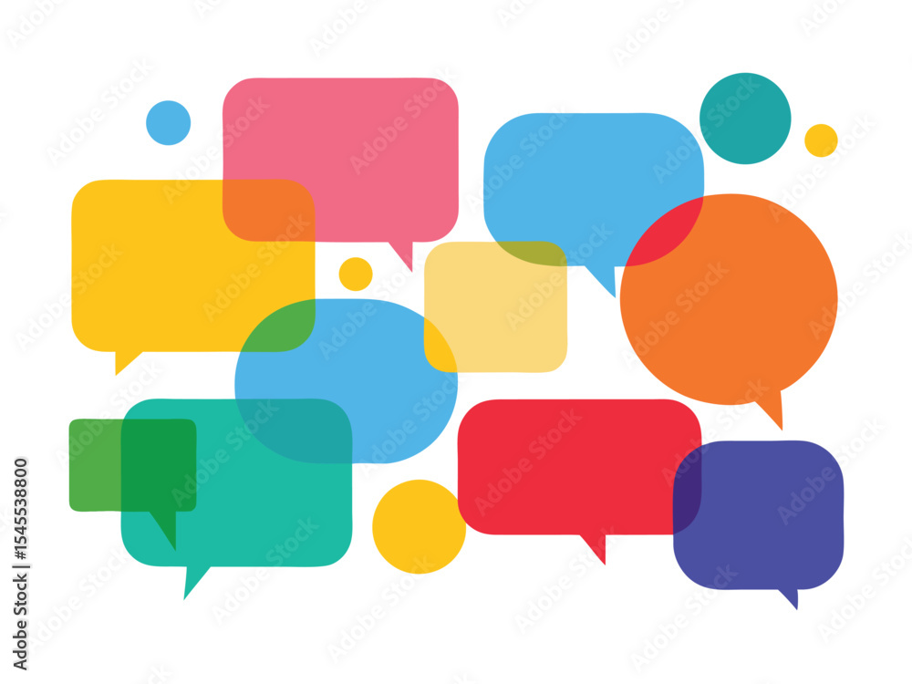 Poster colorful overlapping speech bubbles abstract composition illustrating communication discussion ideas