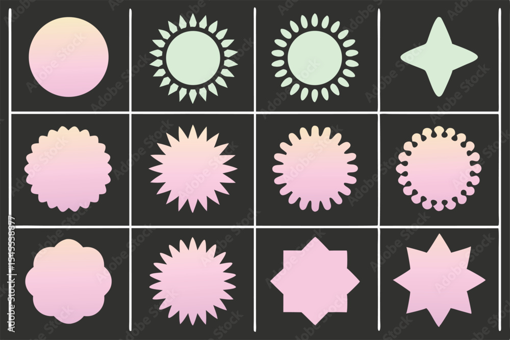 Aufkleber collection of various vector shapes with pastel color gradients on a dark background for design.