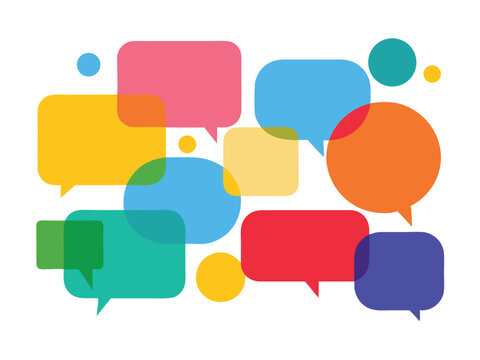 Colorful overlapping speech bubbles abstract composition illustrating communication discussion ideas messaging conversations.