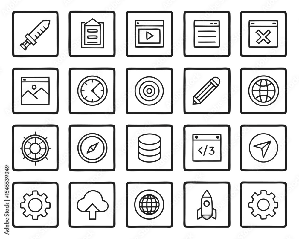 Poster a collection of simple hand drawn icon set for business applications and web designs.