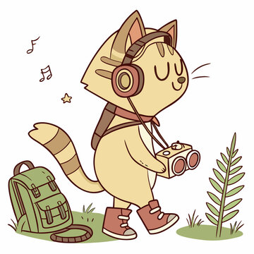 Naklejki Amused Cat with wearing headphones, set in a charming Forest adventure theme – Evergreen Trails color vector art