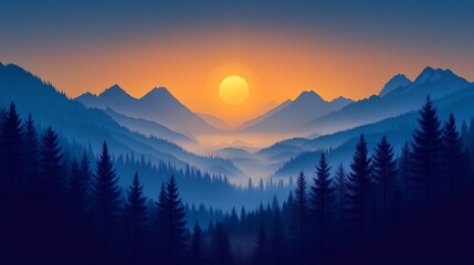 Obraz premium Minimalist vector illustration of dark blue mountain landscape with fog, forest, and sunrise or sunset, featuring ample copy space