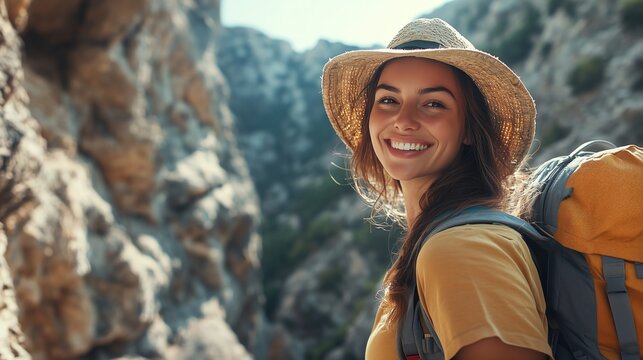 Young smiling tourist woman climbing steep cliff with backpack in mountain canyon, minimalist focus on hiker with copy space