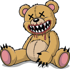 Scary Teddy Bear with Bloody Fangs and Stitched Eyes, Perfect for Halloween, Horror, and Creepy Designs