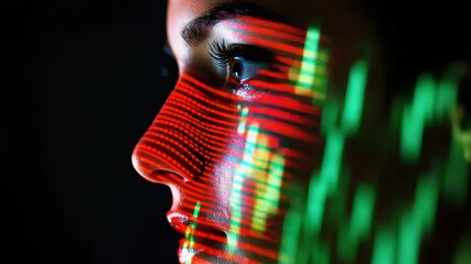 Close-up of a womans face with red and green stock market data projected on it, in a dark and moody setting. - Powered by Adobe