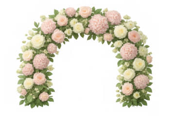 Wedding floral arch featuring pink and white roses, hydrangeas creating elegant semicircle backdrop, isolated on transparent background