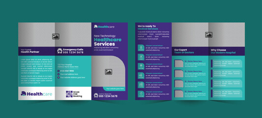 Modern trifold brochure design for medical services, perfect for hospitals and clinics, focusing on service promotion, patient benefits, and healthcare solutions, with a professional layout