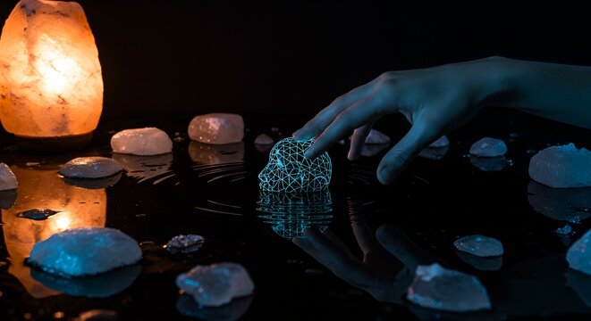 Digital Mindscape: Hand Touching Wireframe Head Amidst Salt Rocks and Warm Light