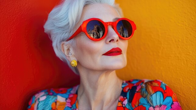 Stylish senior woman wearing colorful attire and bright red sunglasses.