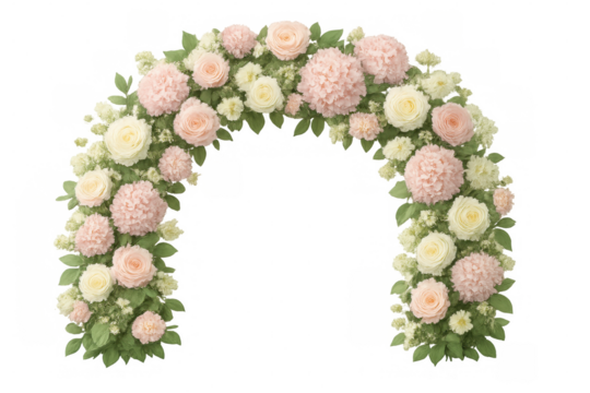 Wedding floral arch featuring pink and white roses, hydrangeas creating elegant semicircle backdrop, isolated on transparent background