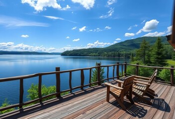 Obraz premium Rustic wooden lakeshore terrace overlooking Upper Saranac Lake, Adirondacks , reflection, relaxation