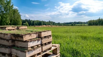 Wooden pallets stacked with sod in a grassy field under a partly cloudy sky