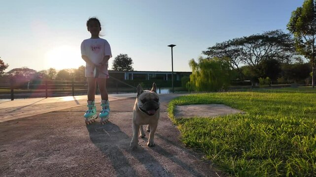 Slow-motion footage of a Southeast Asian girl on rollerblades walking her French Bulldog in a park