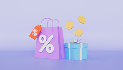 Gifts and savings with bags, discounts,, coins, boxes, discount tags 3d illustration