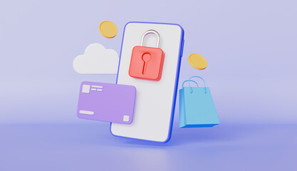 Smartphone with credit card, Padlock and coins, Secure mobile payment concept