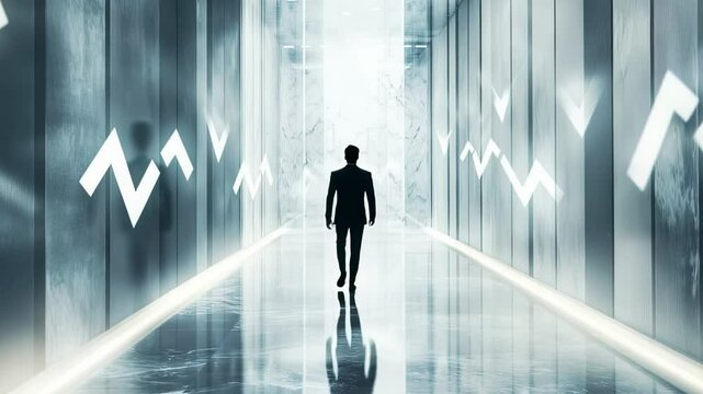 Man in suit walking down futuristic corridor with stock market graphics, symbolizing business and finance.