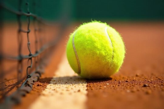 Yellow tennis ball impacting clay court line, close-up, fitness, picture, yellow