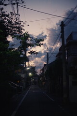 Tokyo street at dusk blue hour, warm lights and fading sky.