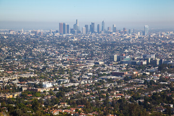 Obraz premium Downtown and the city from Griffith Park bservatory hills and landscape, Los Angeles, CA, United States